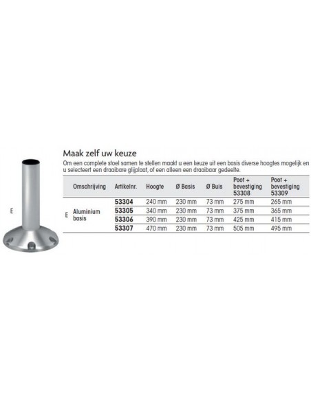 Aluminium voet voor stoel div. maten
